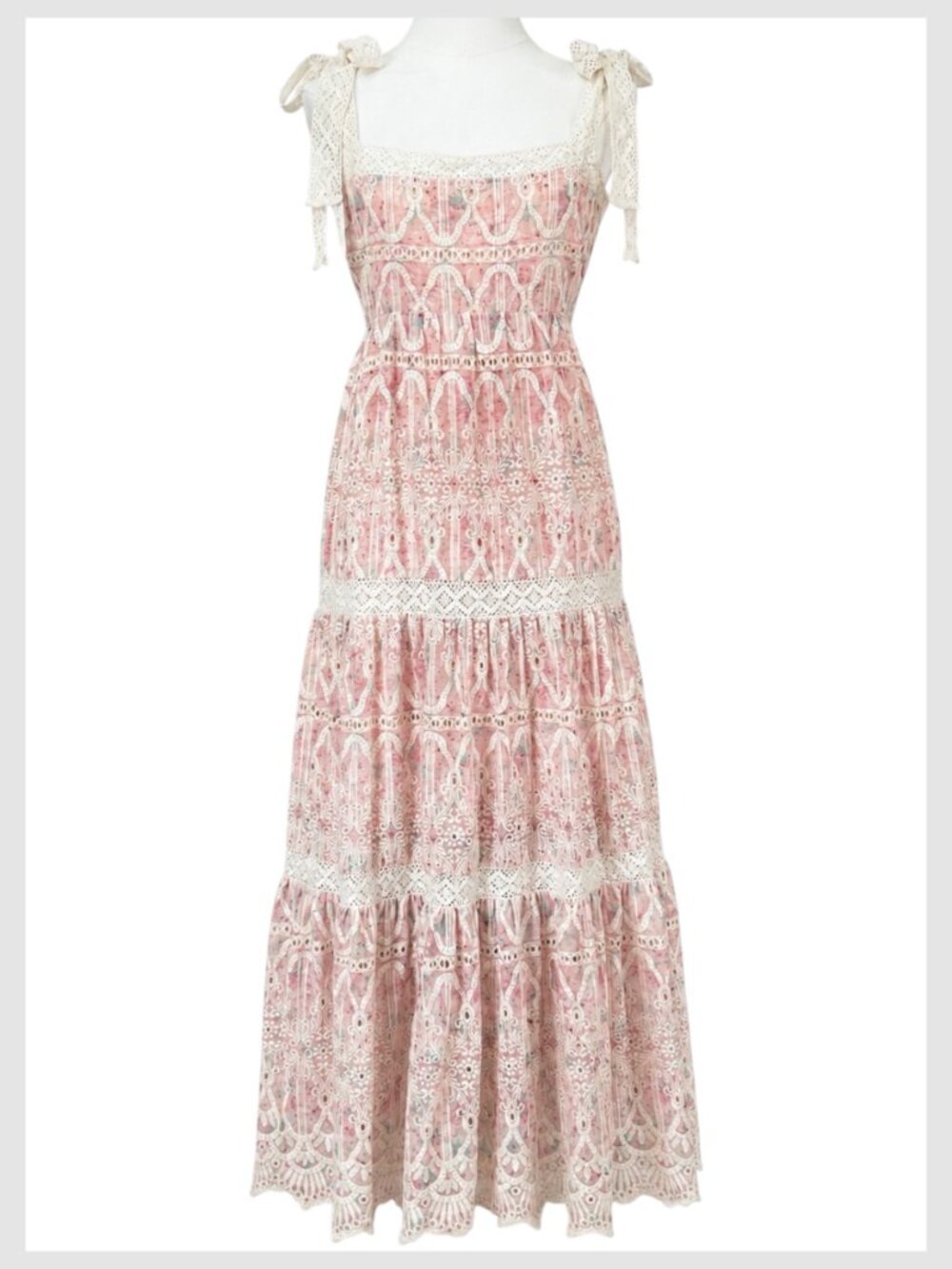 En Saison Amilia Maxi Dress Pink White Lace Tie Strap Size S
